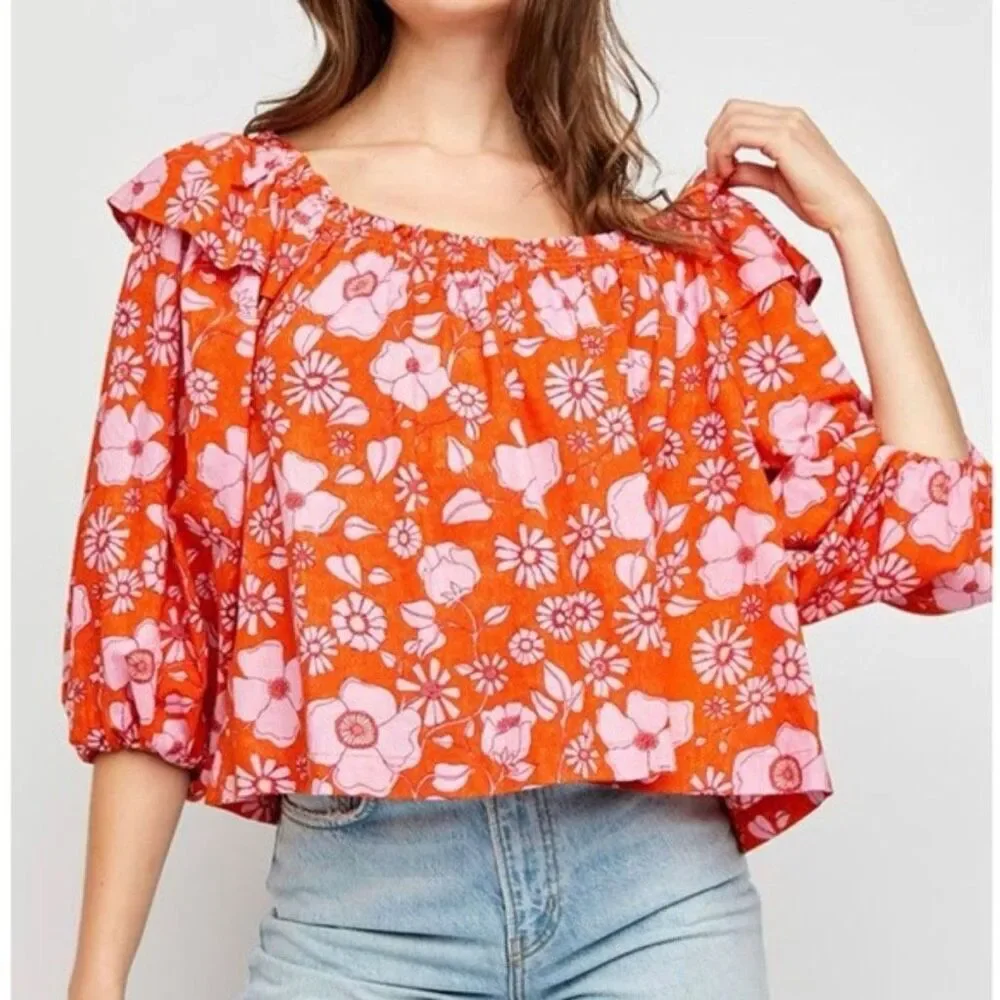 Free People Miss Daisy Heat Wave Combo Top Orange Pink Floral Sz S Ruffle Should
